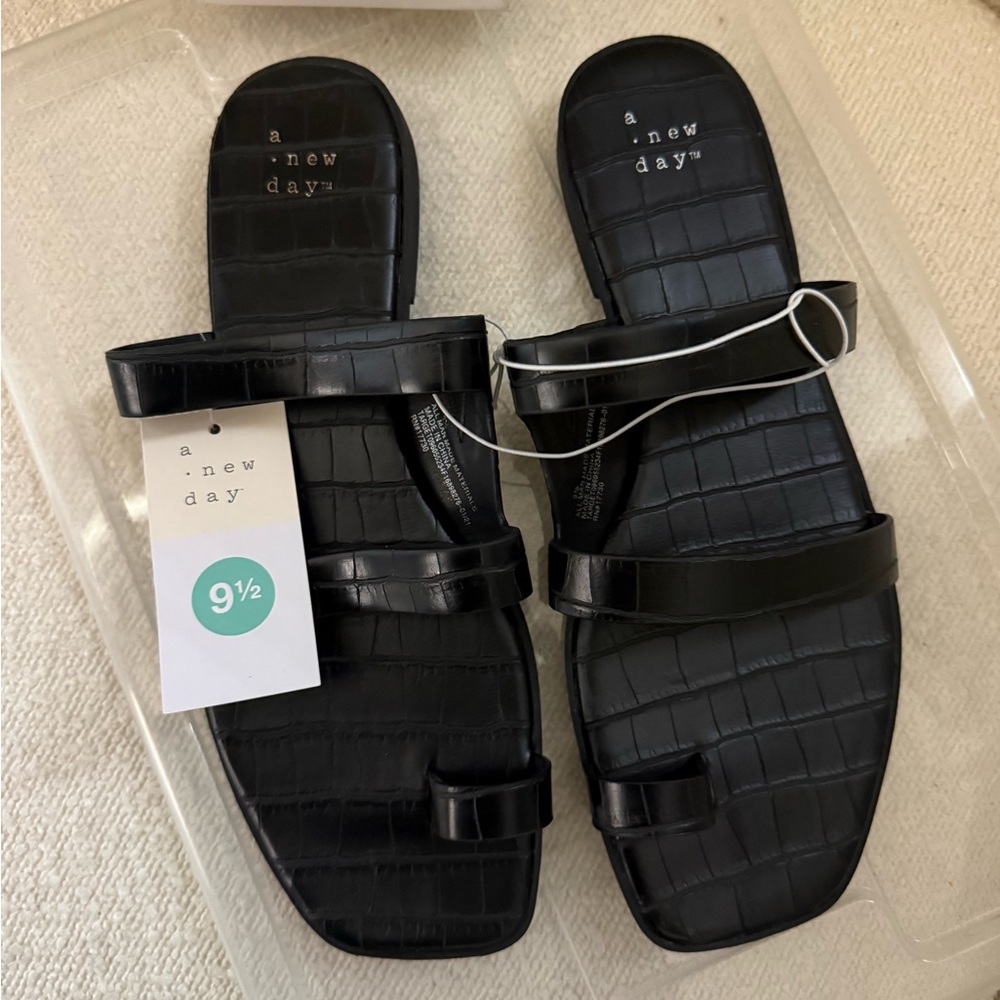 a new day Black Croc-Embossed Triple-Strap Slide Sandals